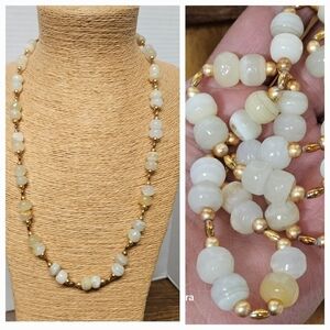 Single Strand Cream Orca Agate and Gold Opera Necklace